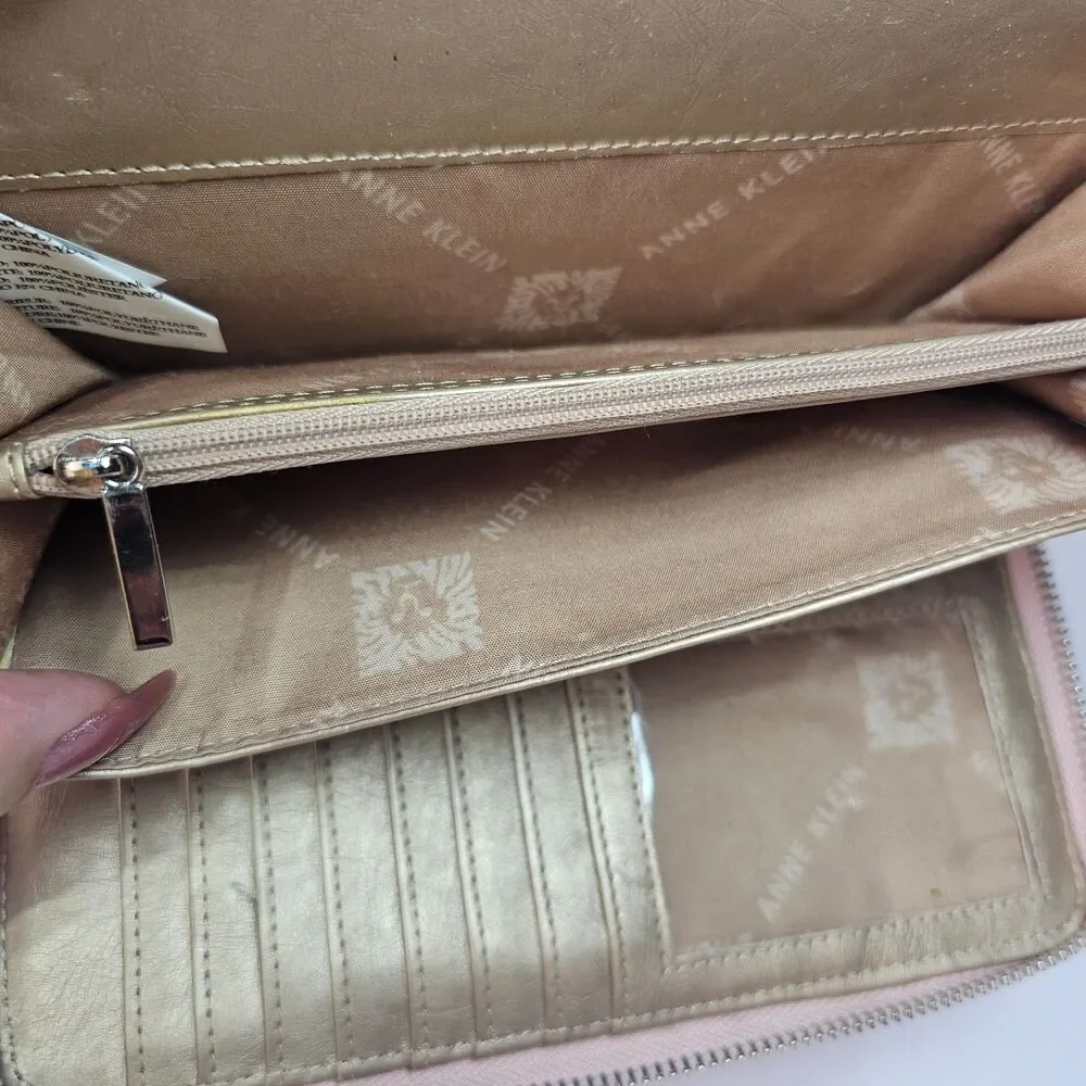 Anne Klein Blush Pink Zip Around Wristlet Wallet Clutch Organizer Faux Leather